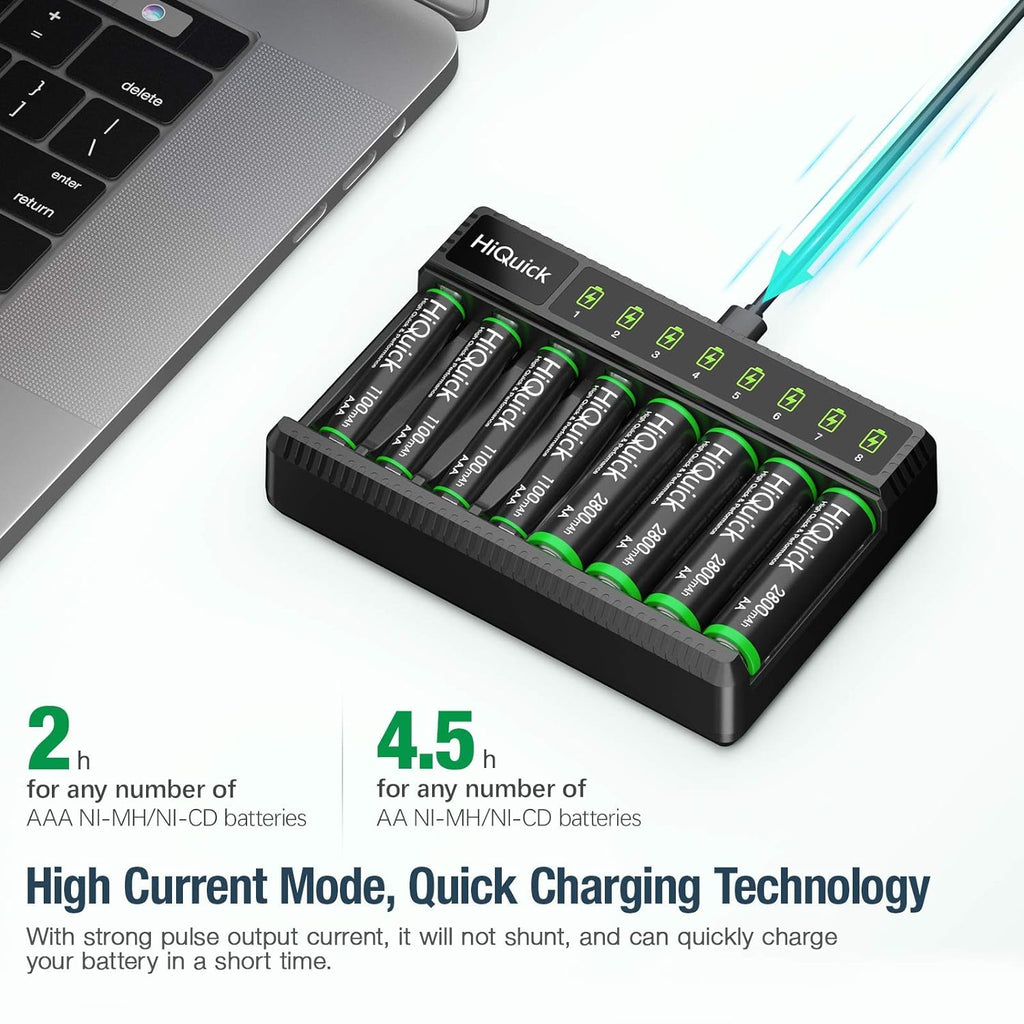 8-Bay Smart Charger with AA AAA Rechargeable Battery, 4 X 2800Mah AA & 4 X1100Mah AAA Batteries – Fast Charging for Home Devices